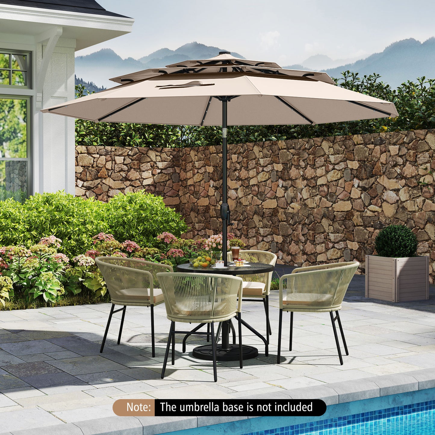 10 Feet Solar Patio Umbrella with 32 LED Lights 3-Tier Vented Top, Beige Outdoor Umbrellas at Gallery Canada