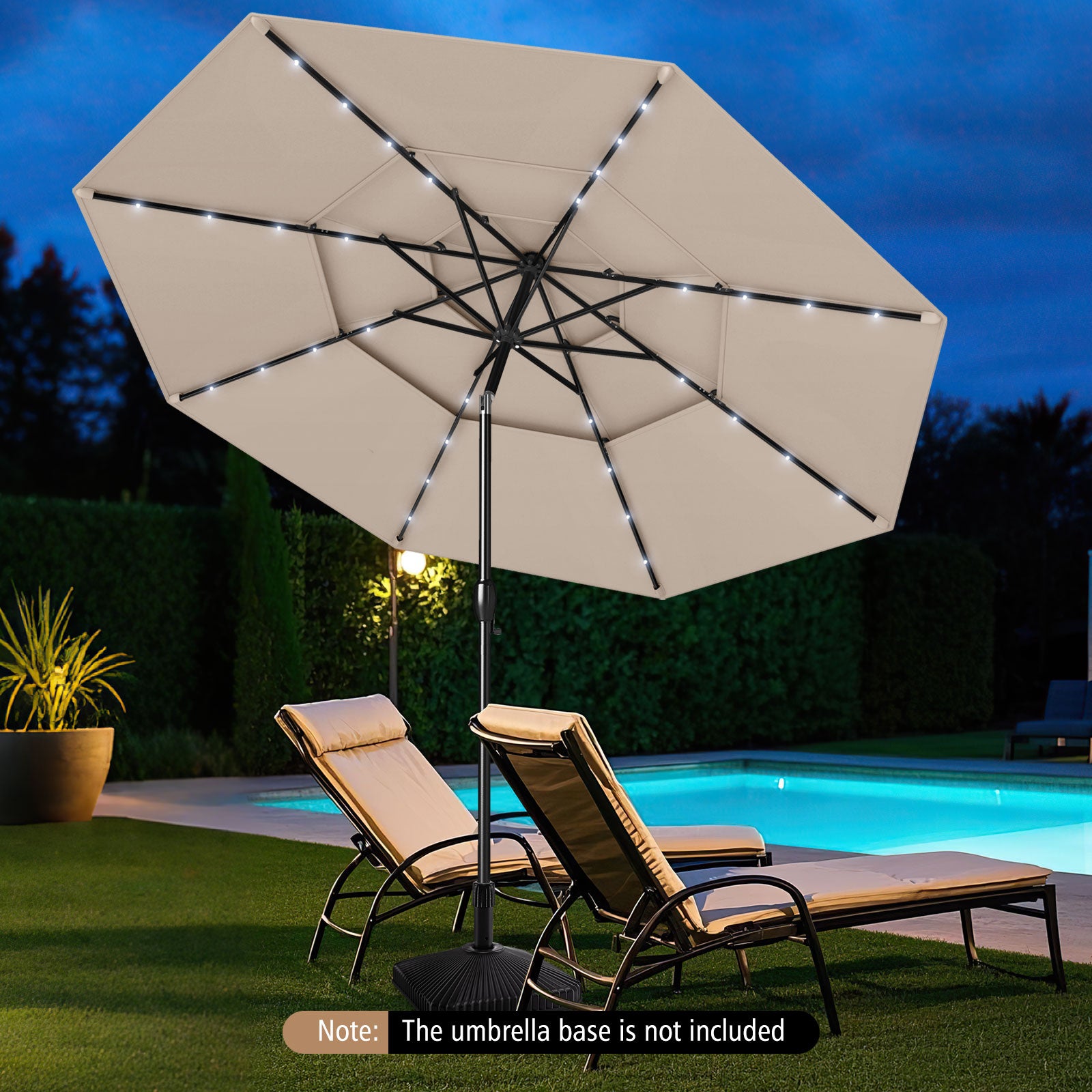 10 Feet Solar Patio Umbrella with 32 LED Lights 3-Tier Vented Top, Beige Outdoor Umbrellas at Gallery Canada