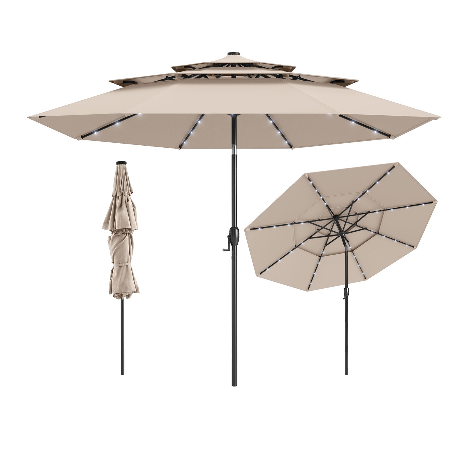 10 Feet Solar Patio Umbrella with 32 LED Lights 3-Tier Vented Top, Beige Outdoor Umbrellas at Gallery Canada