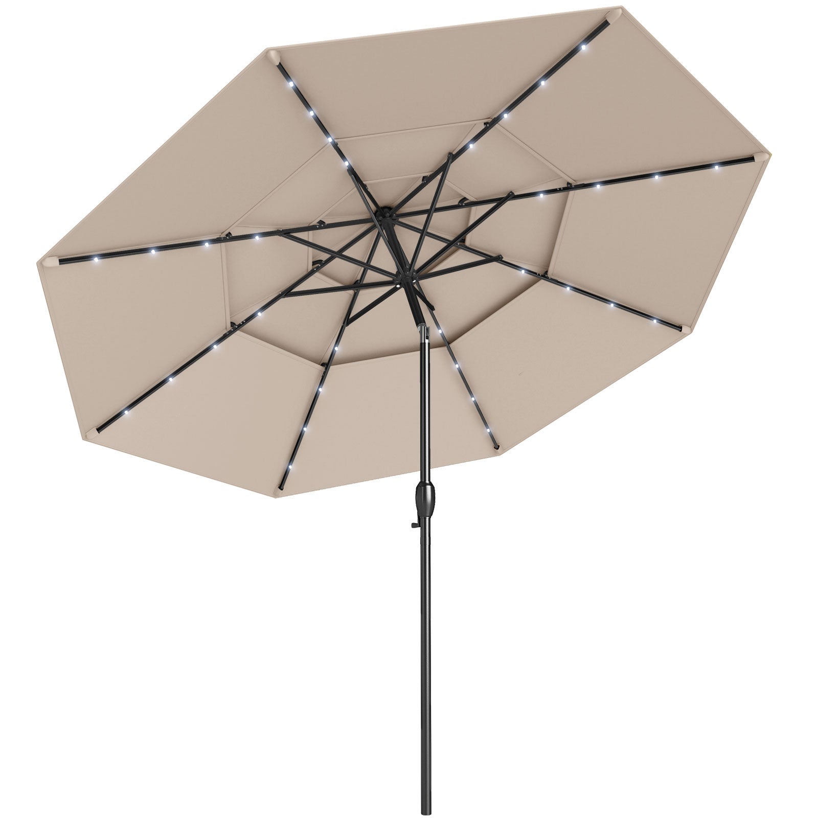 10 Feet Solar Patio Umbrella with 32 LED Lights 3-Tier Vented Top, Beige Outdoor Umbrellas at Gallery Canada