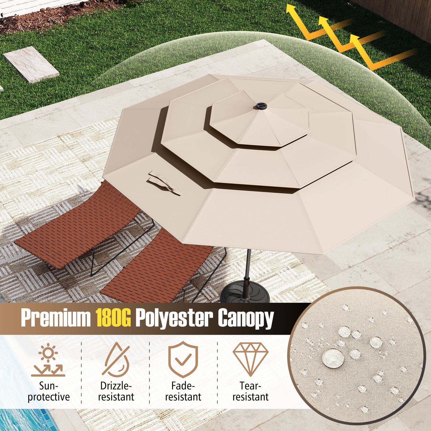 10 Feet Solar Patio Umbrella with 32 LED Lights 3-Tier Vented Top, Beige Outdoor Umbrellas at Gallery Canada