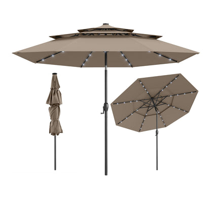 10 Feet Solar Patio Umbrella, 32 LED Lights, 3-Tier Vented Top, Taupe