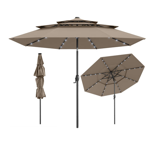 10 Feet Solar Patio Umbrella, 32 LED Lights, 3-Tier Vented Top, Taupe