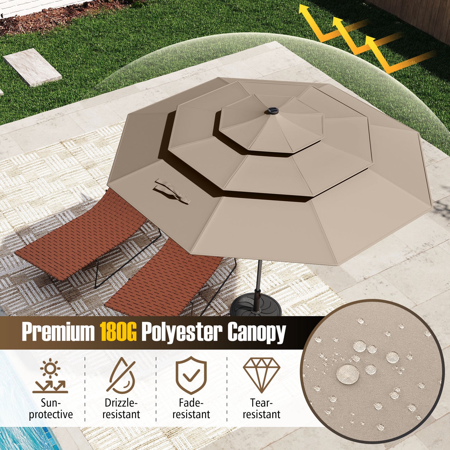 10 Feet Solar Patio Umbrella with 32 LED Lights 3-Tier Vented Top, Taupe Outdoor Umbrellas at Gallery Canada