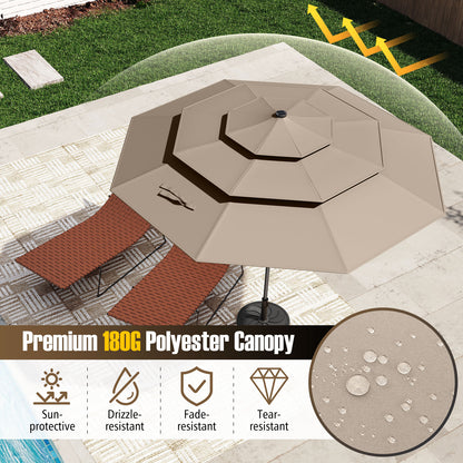 10 Feet Solar Patio Umbrella with 32 LED Lights 3-Tier Vented Top, Taupe Outdoor Umbrellas at Gallery Canada