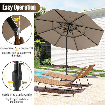 10 Feet Solar Patio Umbrella with 32 LED Lights 3-Tier Vented Top, Taupe Outdoor Umbrellas at Gallery Canada