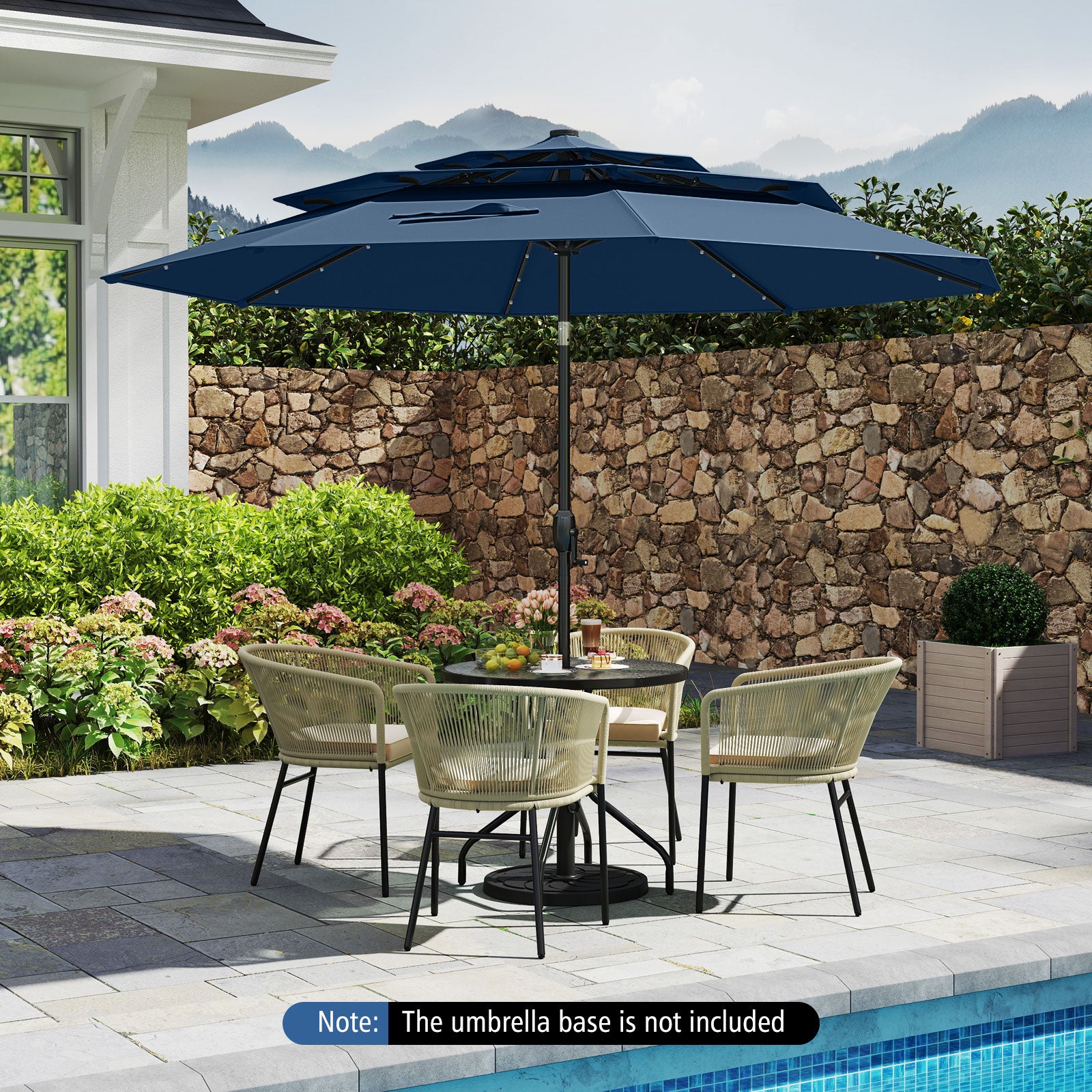 10 Feet Solar Patio Umbrella, 32 LED Lights, 3-Tier Vented Top, Navy Outdoor Umbrellas at Gallery Canada