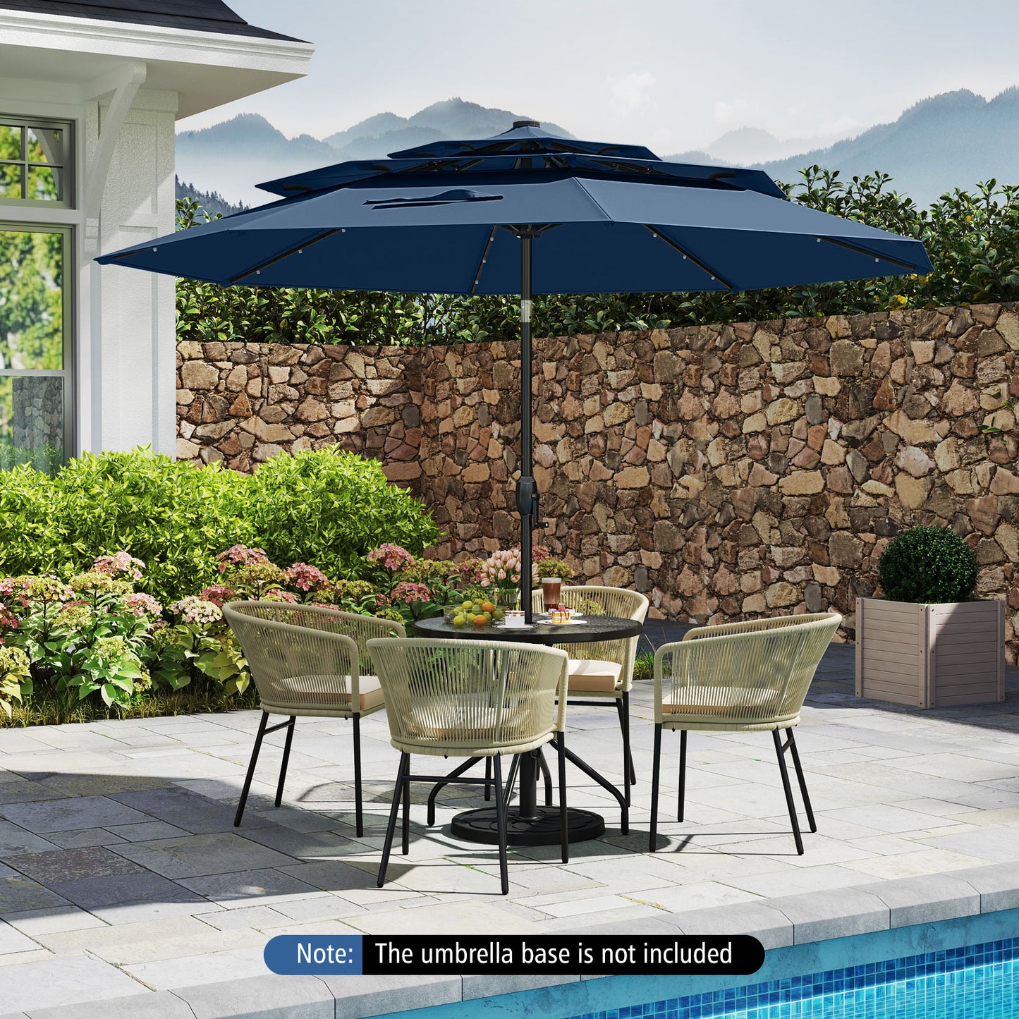 10 Feet Solar Patio Umbrella, 32 LED Lights, 3-Tier Vented Top, Navy Outdoor Umbrellas at Gallery Canada
