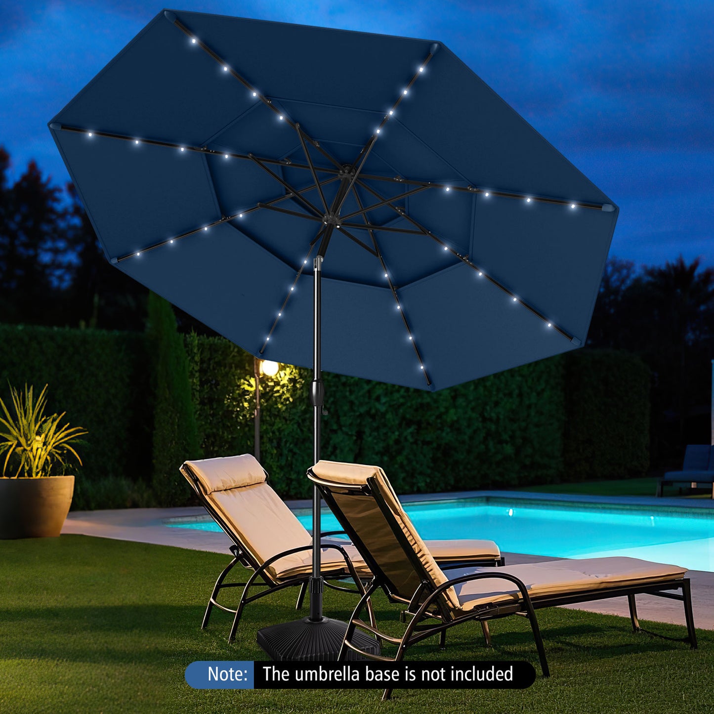 10 Feet Solar Patio Umbrella, 32 LED Lights, 3-Tier Vented Top, Navy Outdoor Umbrellas at Gallery Canada