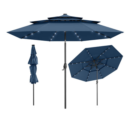 10 Feet Solar Patio Umbrella, 32 LED Lights, 3-Tier Vented Top, Navy Outdoor Umbrellas Navy at Gallery Canada
