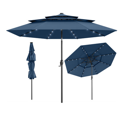 10 Feet Solar Patio Umbrella, 32 LED Lights, 3-Tier Vented Top, Navy Outdoor Umbrellas Navy at Gallery Canada