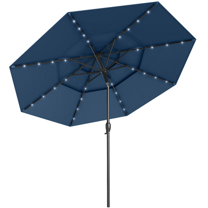 10 Feet Solar Patio Umbrella, 32 LED Lights, 3-Tier Vented Top, Navy Outdoor Umbrellas at Gallery Canada