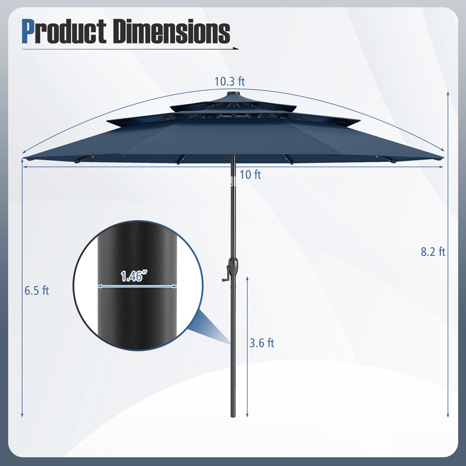 10 Feet Solar Patio Umbrella, 32 LED Lights, 3-Tier Vented Top, Navy Outdoor Umbrellas at Gallery Canada