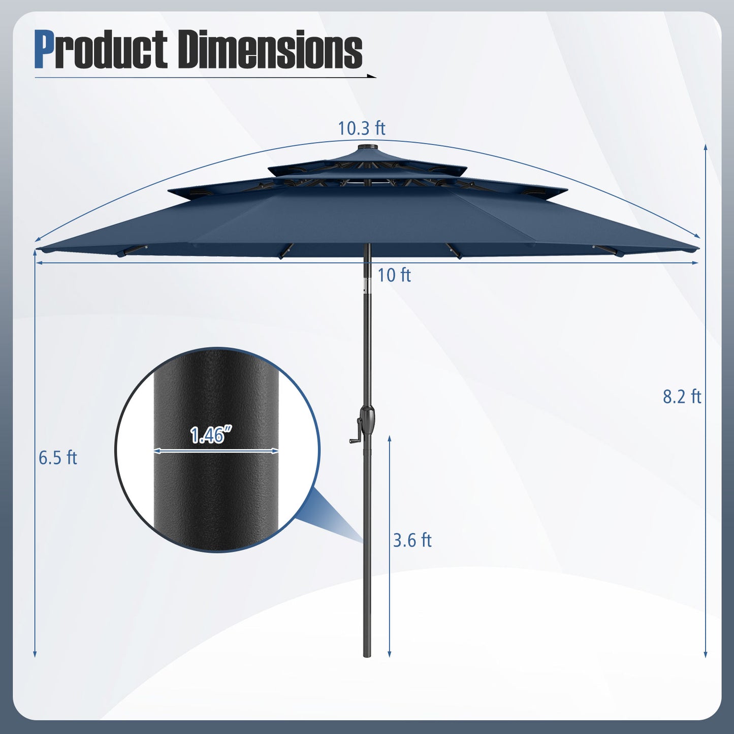 10 Feet Solar Patio Umbrella, 32 LED Lights, 3-Tier Vented Top, Navy Outdoor Umbrellas at Gallery Canada