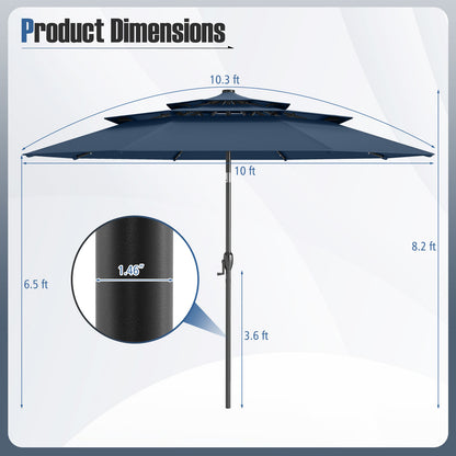 10 Feet Solar Patio Umbrella, 32 LED Lights, 3-Tier Vented Top, Navy Outdoor Umbrellas at Gallery Canada