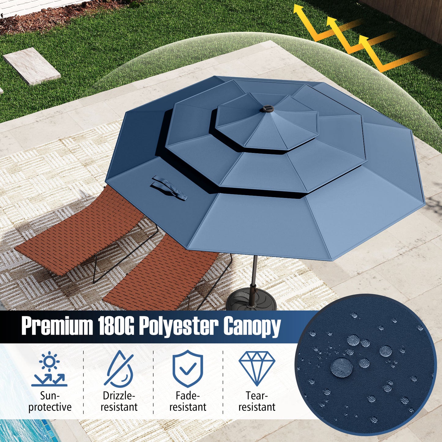 10 Feet Solar Patio Umbrella, 32 LED Lights, 3-Tier Vented Top, Navy Outdoor Umbrellas at Gallery Canada