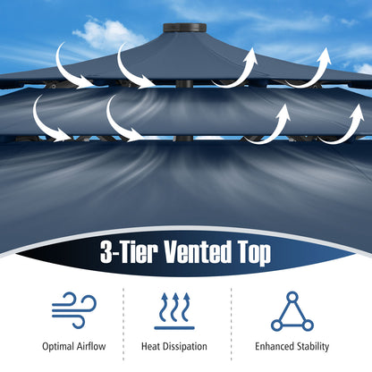 10 Feet Solar Patio Umbrella, 32 LED Lights, 3-Tier Vented Top, Navy Outdoor Umbrellas at Gallery Canada
