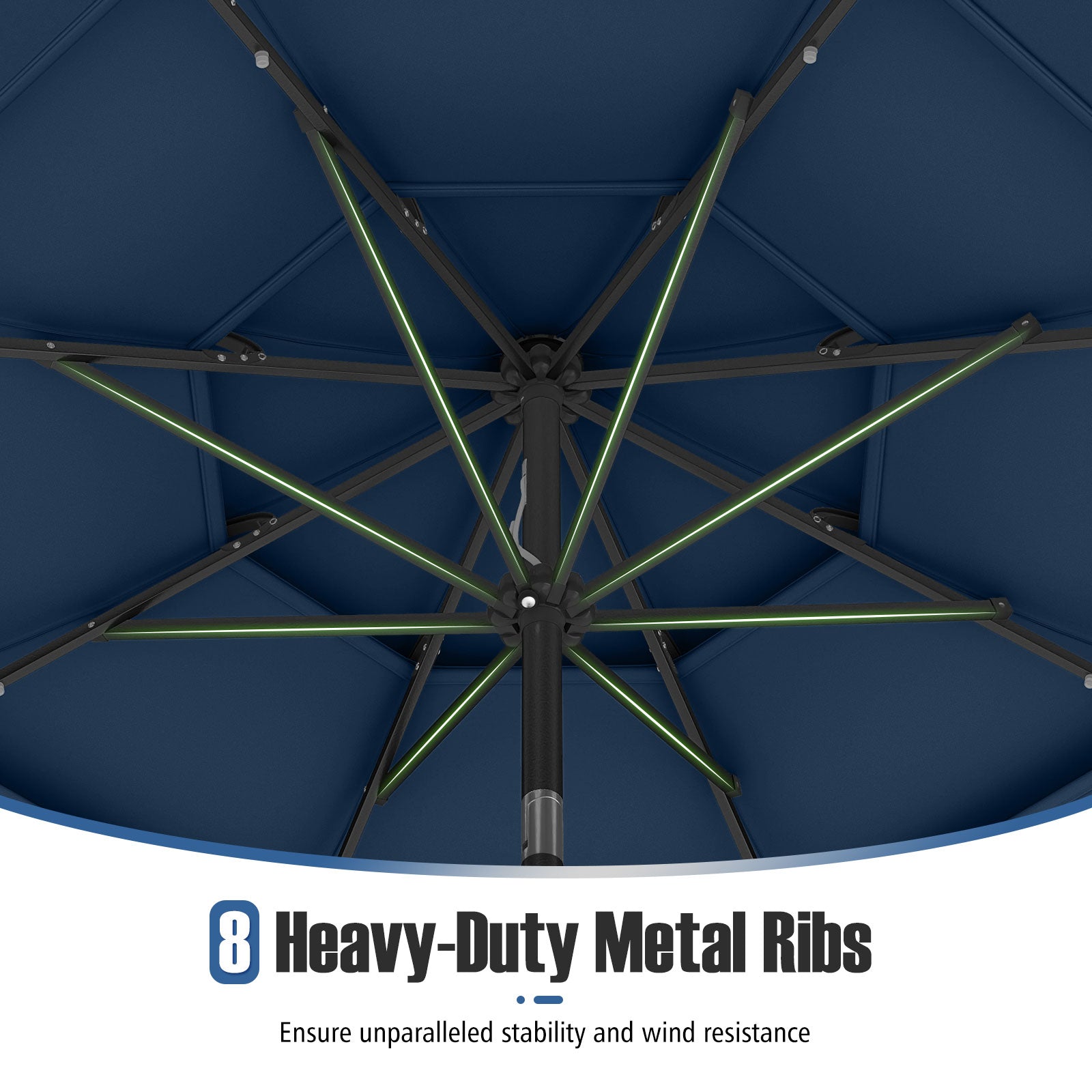 10 Feet Solar Patio Umbrella, 32 LED Lights, 3-Tier Vented Top, Navy Outdoor Umbrellas at Gallery Canada