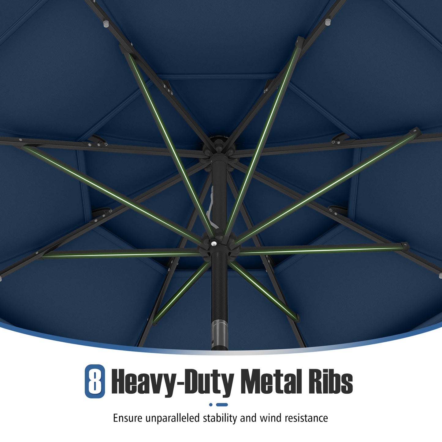 10 Feet Solar Patio Umbrella, 32 LED Lights, 3-Tier Vented Top, Navy Outdoor Umbrellas at Gallery Canada