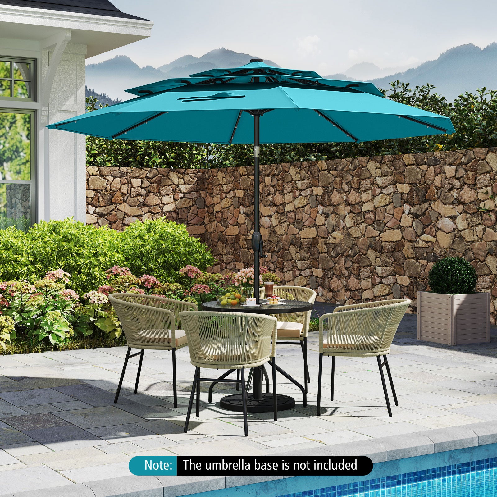 10 Feet Solar Patio Umbrella, 32 LED Lights, 3-Tier Vented Top, Turquoise Outdoor Umbrellas at Gallery Canada