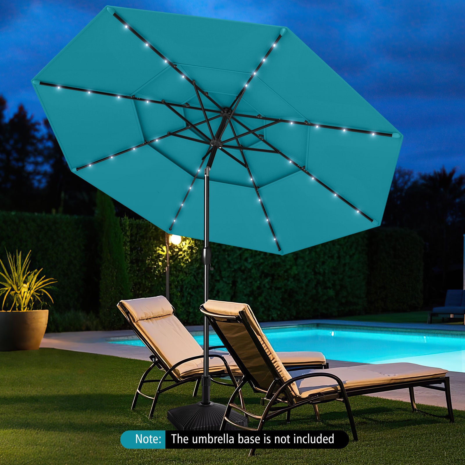 10 Feet Solar Patio Umbrella, 32 LED Lights, 3-Tier Vented Top, Turquoise Outdoor Umbrellas at Gallery Canada