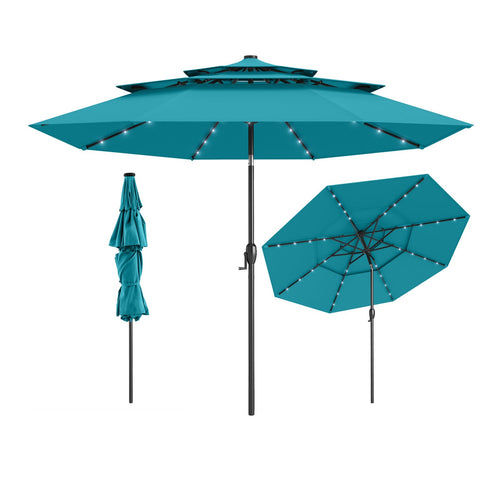 10 Feet Solar Patio Umbrella, 32 LED Lights, 3-Tier Vented Top, Turquoise