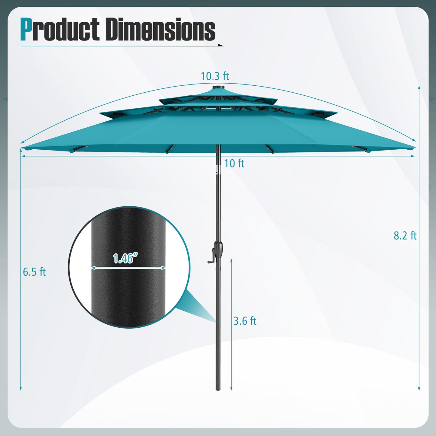 10 Feet Solar Patio Umbrella, 32 LED Lights, 3-Tier Vented Top, Turquoise Outdoor Umbrellas at Gallery Canada
