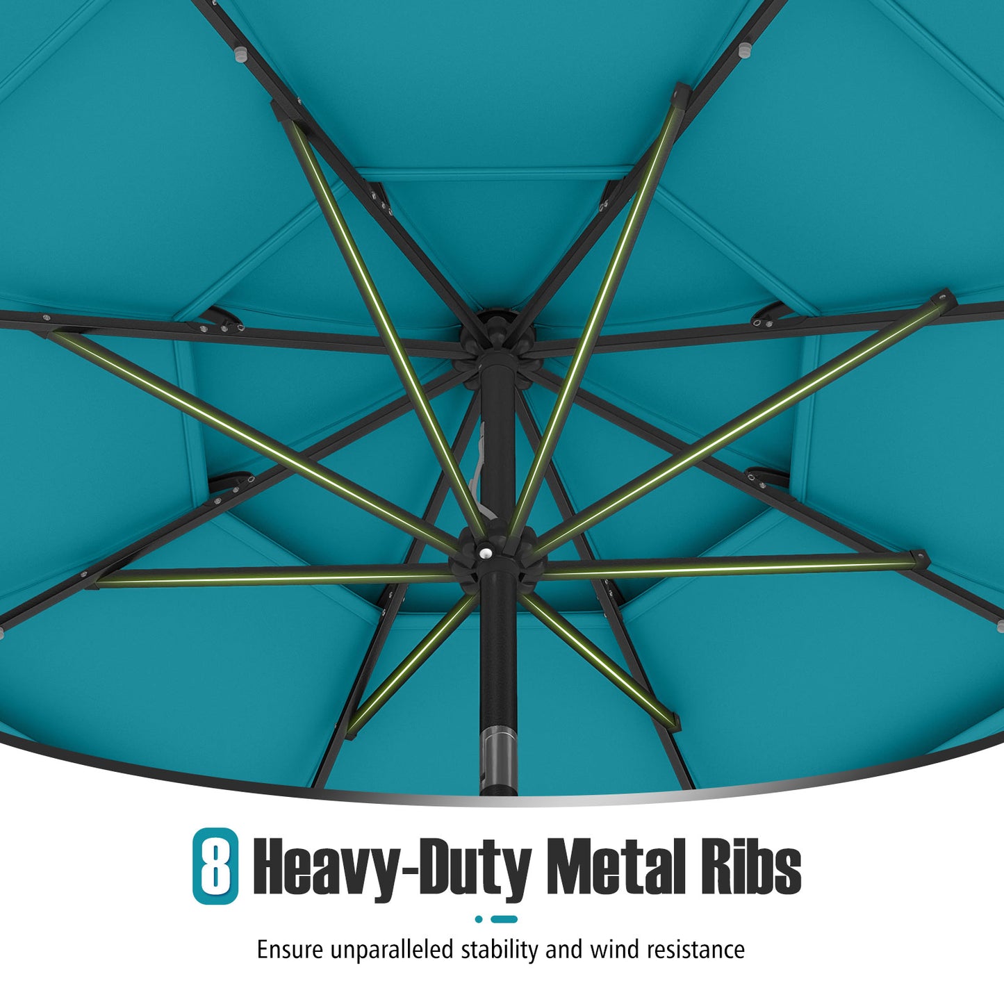 10 Feet Solar Patio Umbrella, 32 LED Lights, 3-Tier Vented Top, Turquoise Outdoor Umbrellas at Gallery Canada