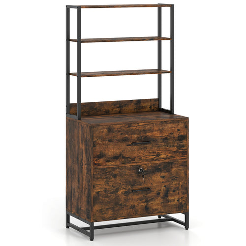 Letter Size Lateral File Cabinet with Lock and Bookshelf, Rustic Brown