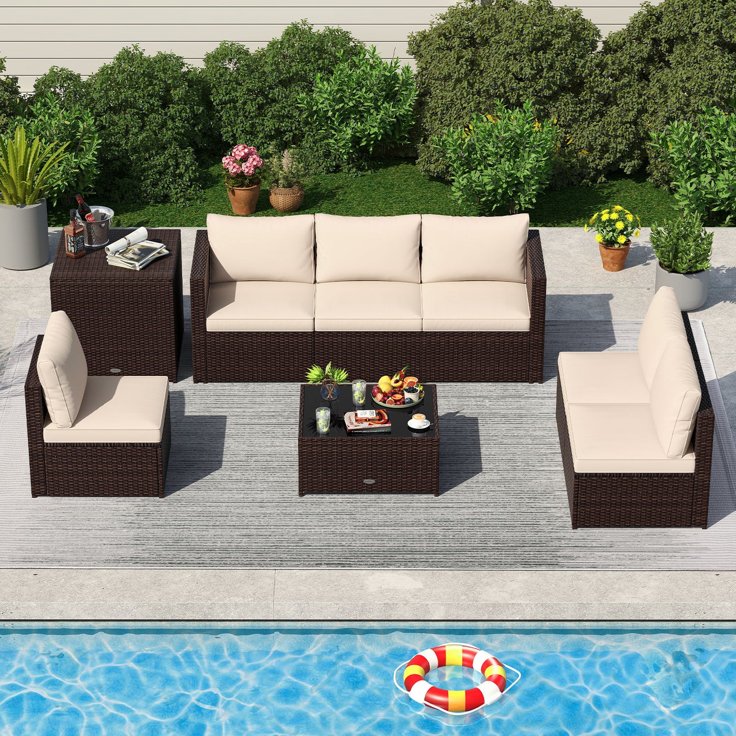 8 Piece Patio Furniture Set with Storage Box and Tempered Glass Coffee Table, Beige Patio Conversation Sets at Gallery Canada