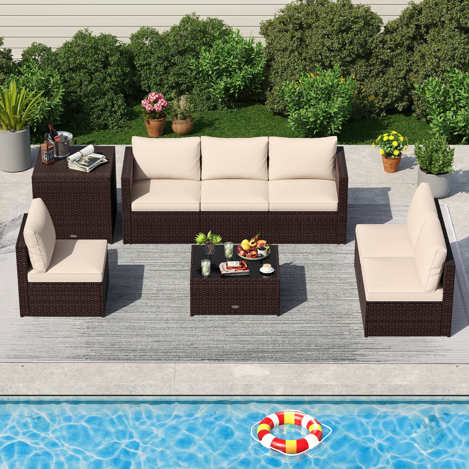 8 Piece Patio Furniture Set with Storage Box and Tempered Glass Coffee Table, Beige Patio Conversation Sets at Gallery Canada