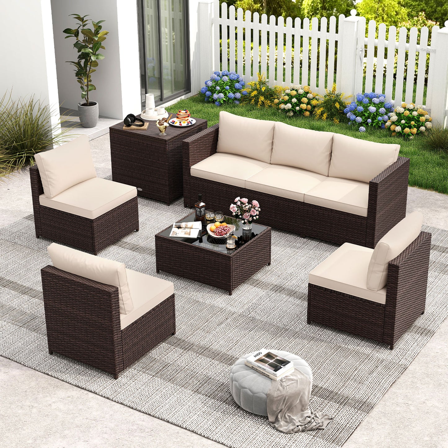 8 Piece Patio Furniture Set with Storage Box and Tempered Glass Coffee Table, Beige Patio Conversation Sets at Gallery Canada