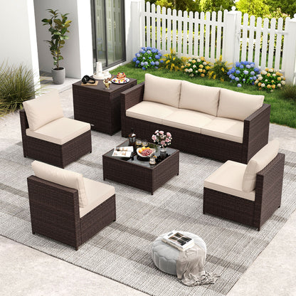 8 Piece Patio Furniture Set with Storage Box and Tempered Glass Coffee Table, Beige Patio Conversation Sets at Gallery Canada