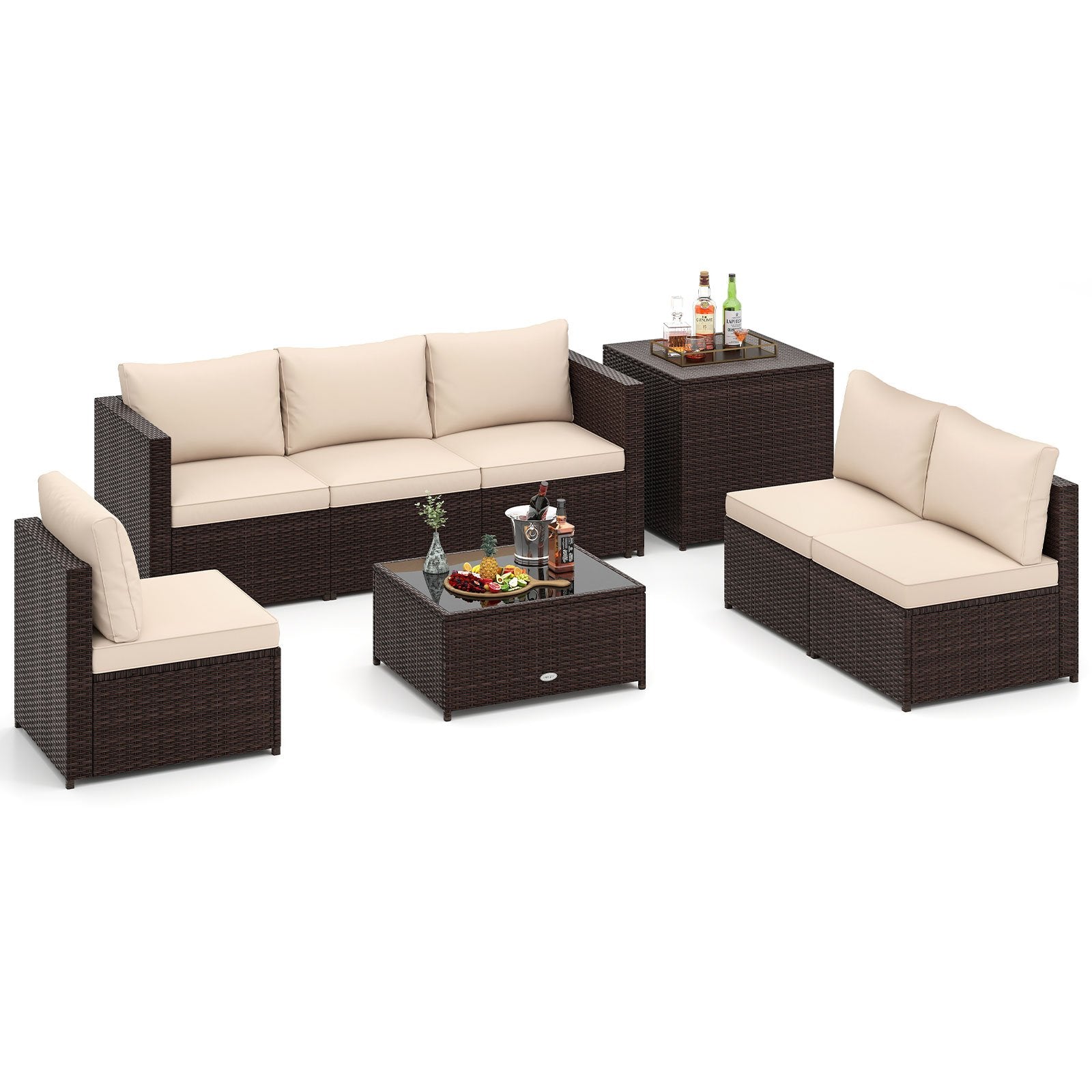 8 Piece Patio Furniture Set with Storage Box and Tempered Glass Coffee Table, Beige Patio Conversation Sets at Gallery Canada