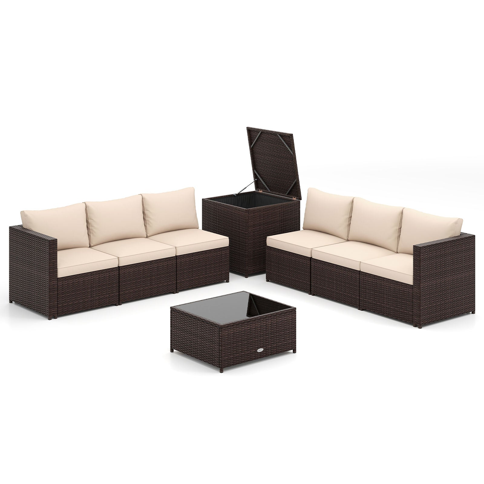 8 Piece Patio Furniture Set with Storage Box and Tempered Glass Coffee Table, Beige Patio Conversation Sets at Gallery Canada