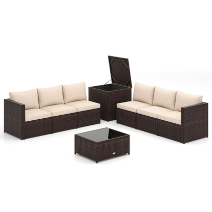 8 Piece Patio Furniture Set with Storage Box and Tempered Glass Coffee Table, Beige Patio Conversation Sets at Gallery Canada