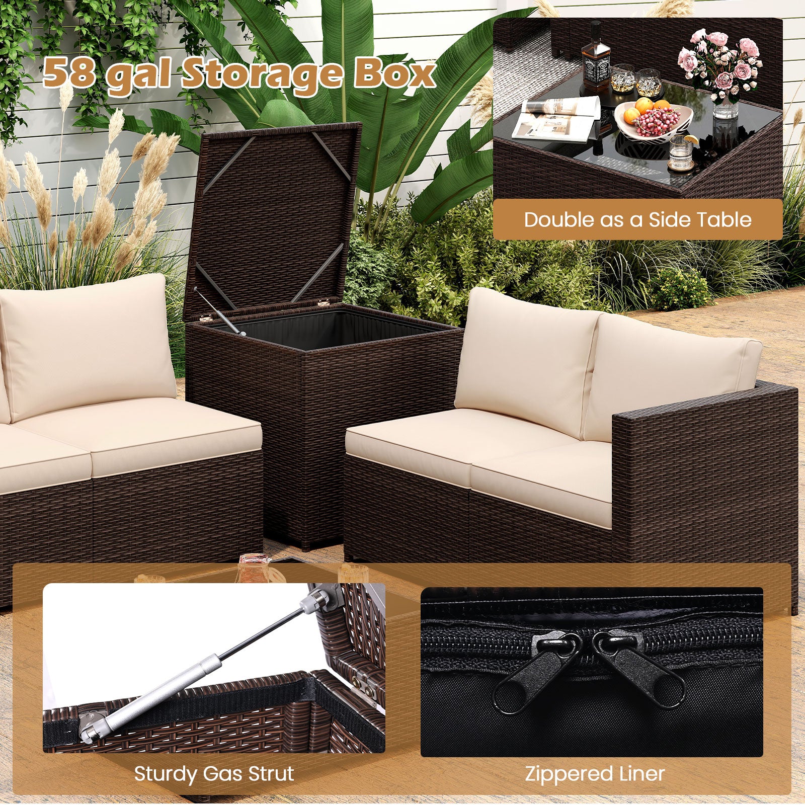 8 Piece Patio Furniture Set with Storage Box and Tempered Glass Coffee Table, Beige Patio Conversation Sets at Gallery Canada