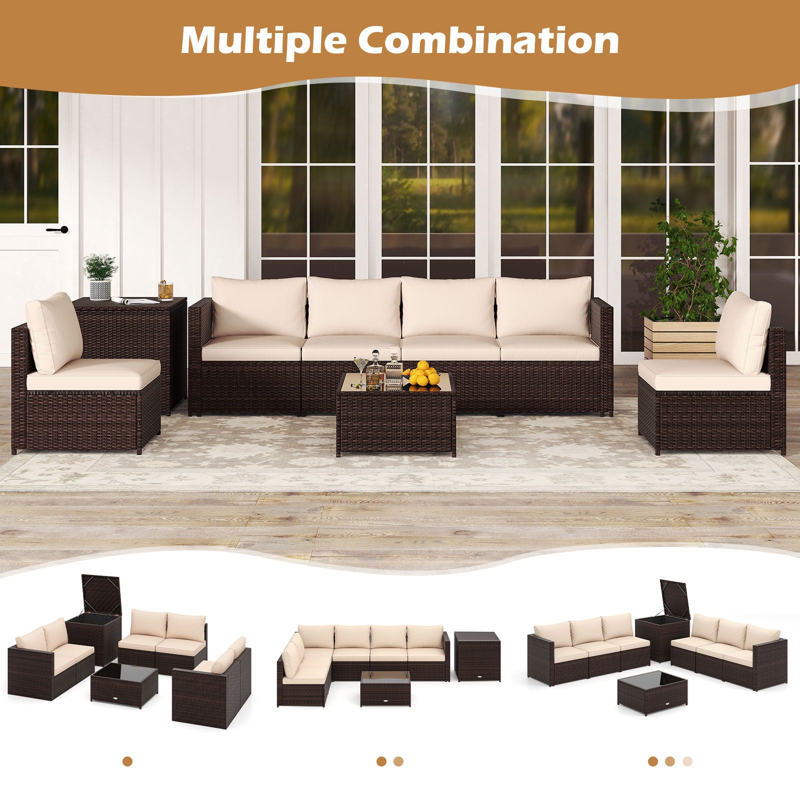 8 Piece Patio Furniture Set with Storage Box and Tempered Glass Coffee Table, Beige Patio Conversation Sets at Gallery Canada
