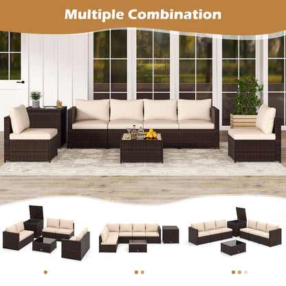 8 Piece Patio Furniture Set with Storage Box and Tempered Glass Coffee Table, Beige Patio Conversation Sets at Gallery Canada