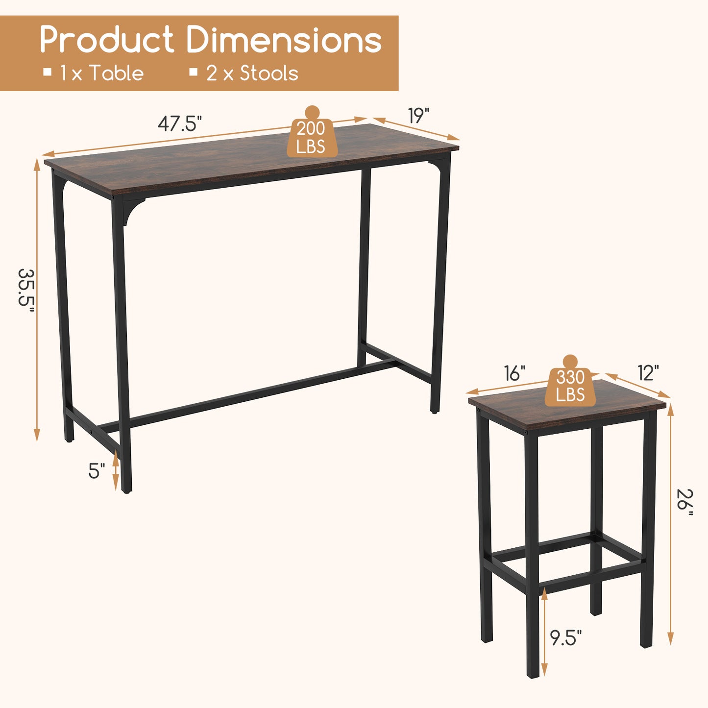Industrial 3-Piece 47.5" Counter-Height Dining Table and 2 Bar Stools, Coffee Dining Room Sets at Gallery Canada