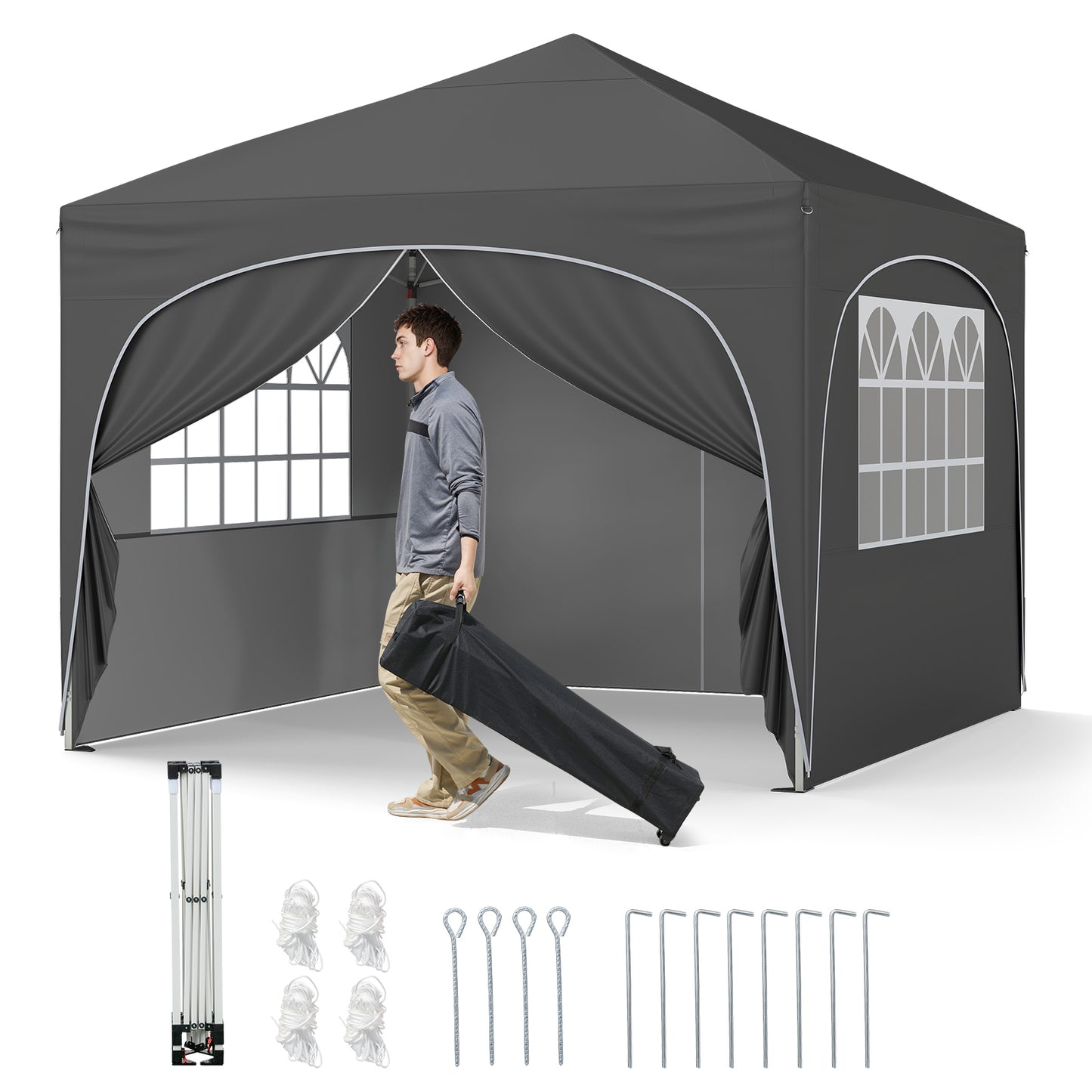 10 X 10 FT Pop up Canopy Tent with 4 Removable Sidewall, Gray Canopies at Gallery Canada