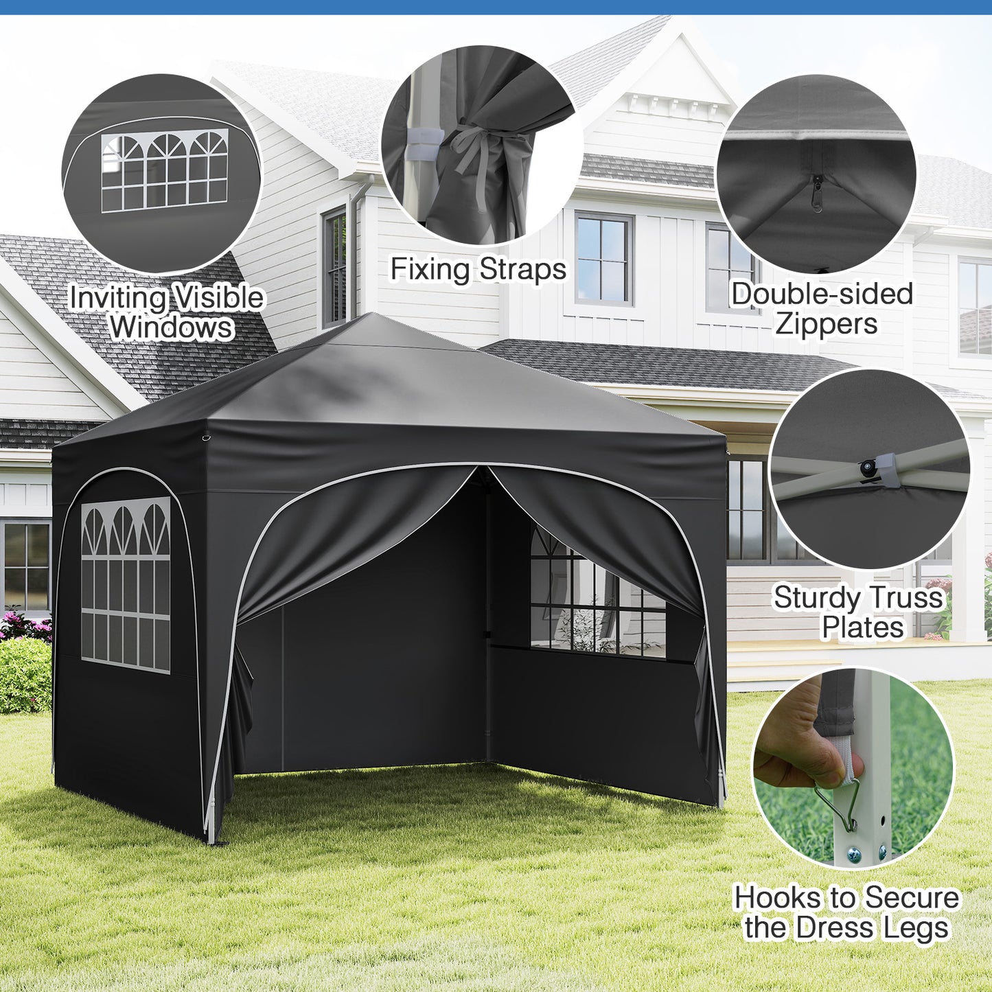 10 X 10 FT Pop up Canopy Tent with 4 Removable Sidewall, Gray Canopies at Gallery Canada