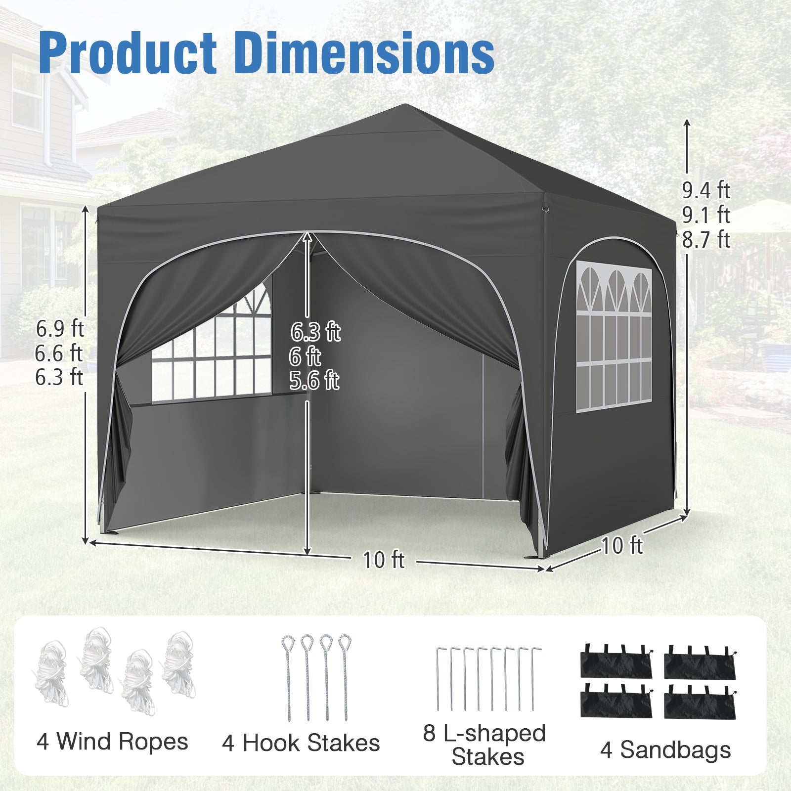10 X 10 FT Pop up Canopy Tent with 4 Removable Sidewall, Gray Canopies at Gallery Canada