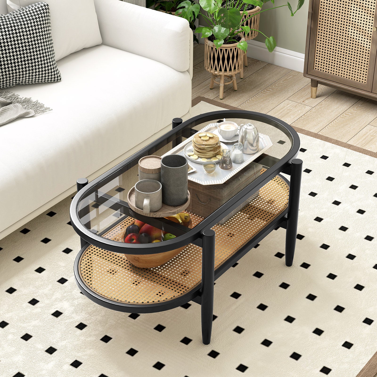 2-Tier Coffee Table with Tempered Glass Tabletop and Acacia Wood Frame, Black Coffee Tables at Gallery Canada