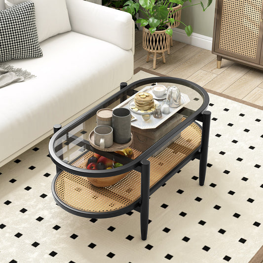 2-Tier Coffee Table with Tempered Glass Tabletop and Acacia Wood Frame, Black Coffee Tables Black at Gallery Canada