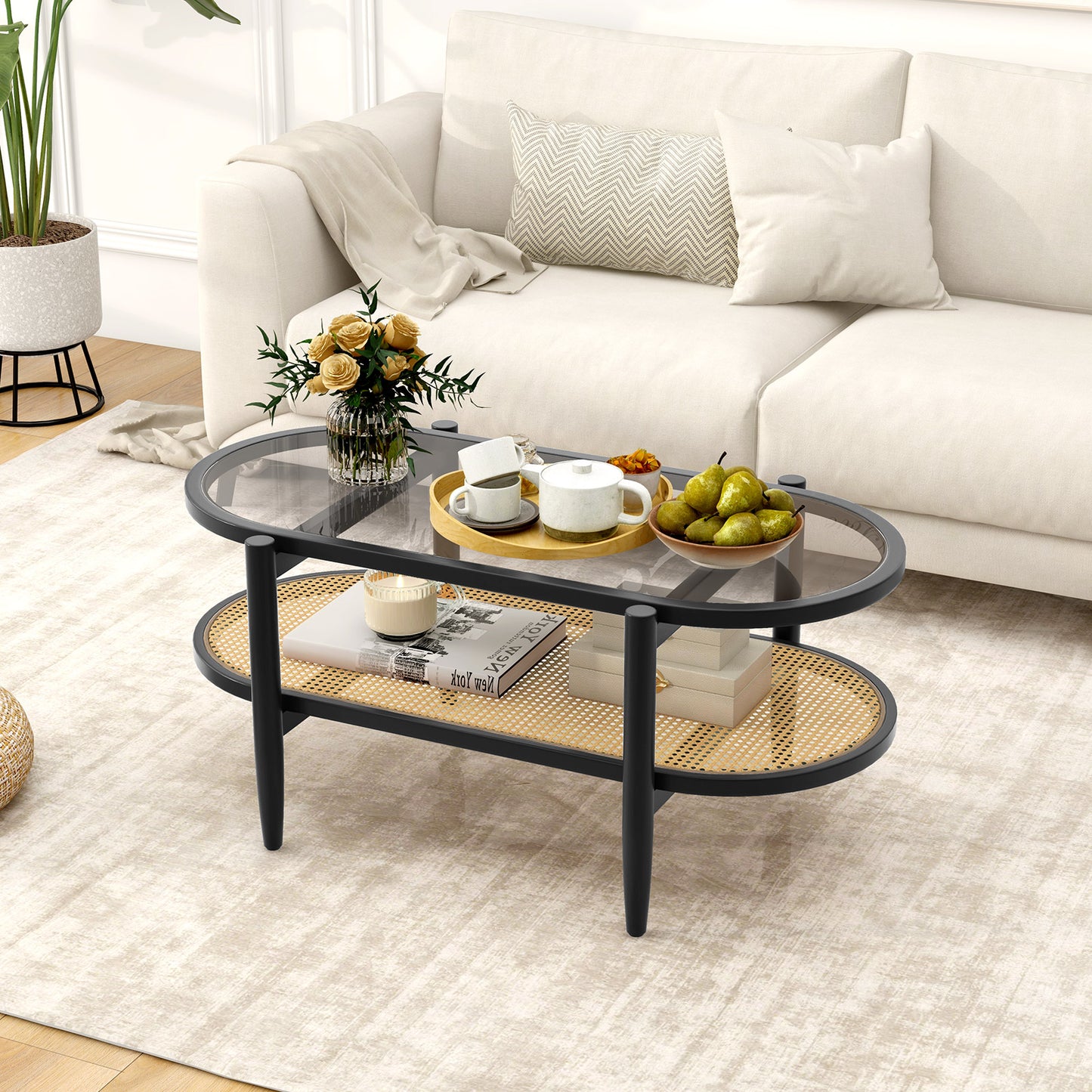 2-Tier Coffee Table with Tempered Glass Tabletop and Acacia Wood Frame, Black Coffee Tables at Gallery Canada