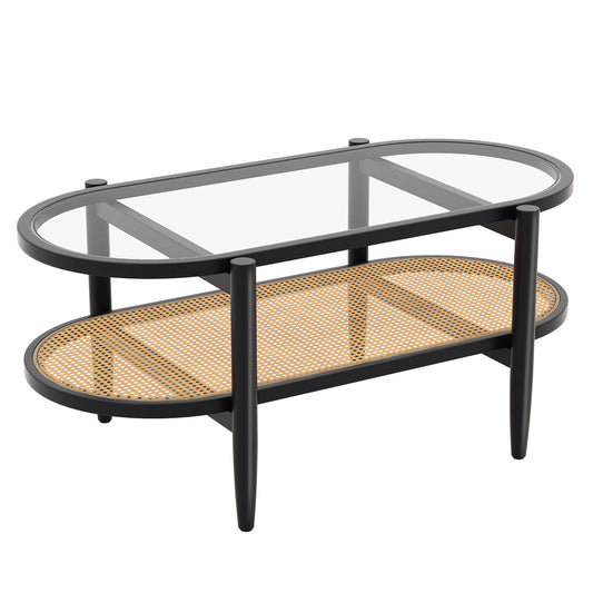 2-Tier Coffee Table, Tempered Glass Top, Acacia Wood Frame, Black Coffee Tables Black at Gallery Canada