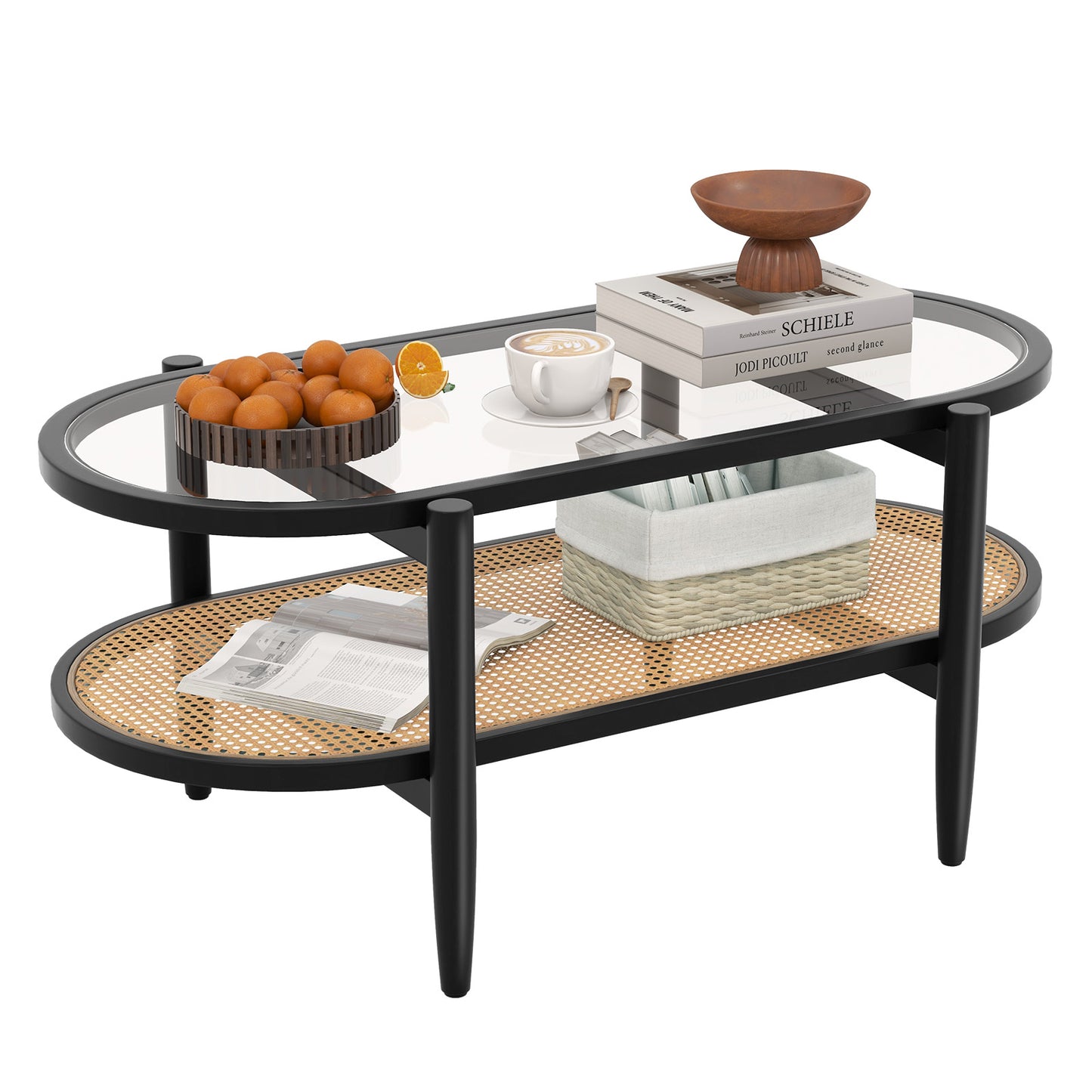 2-Tier Coffee Table with Tempered Glass Tabletop and Acacia Wood Frame, Black Coffee Tables at Gallery Canada