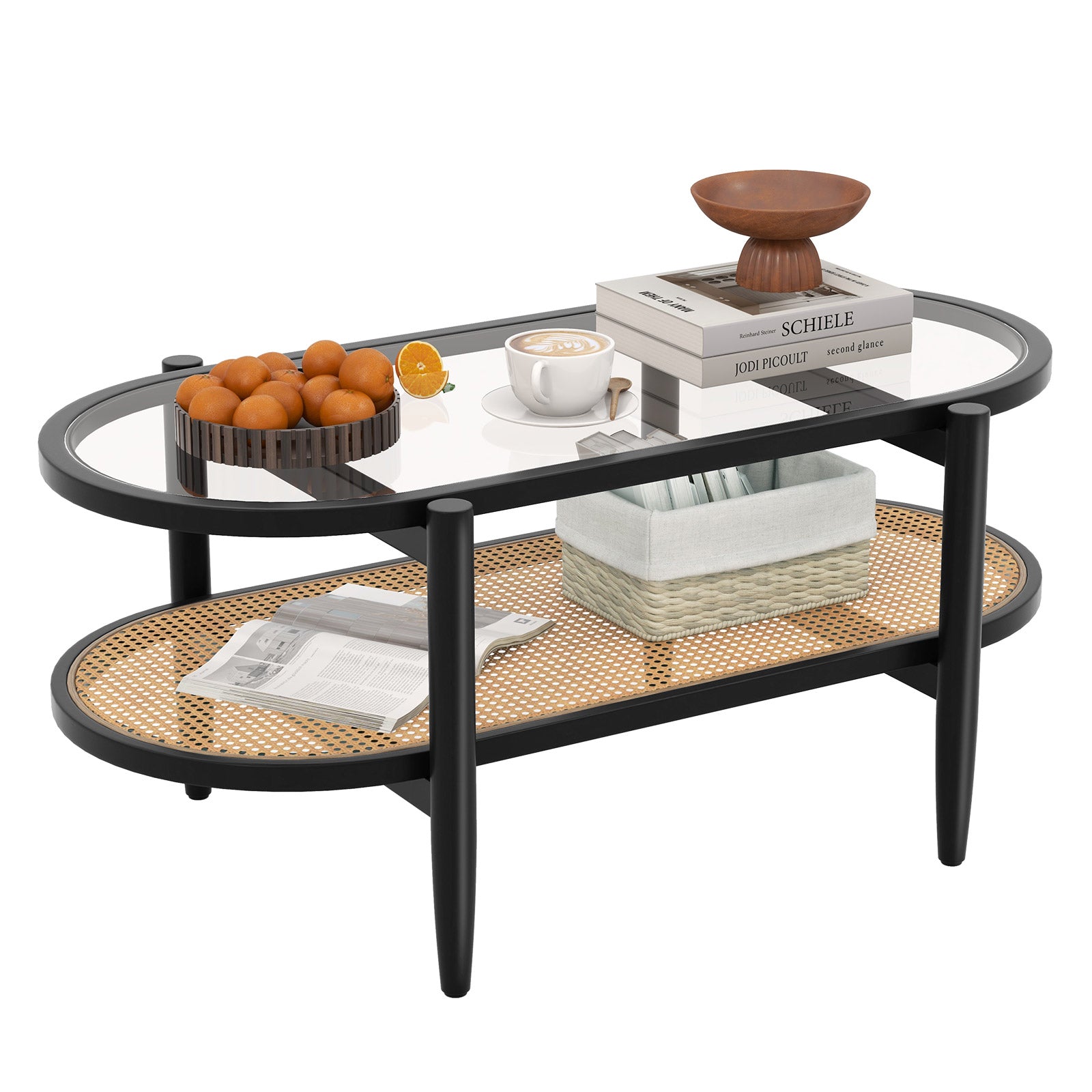 2-Tier Coffee Table with Tempered Glass Tabletop and Acacia Wood Frame, Black Coffee Tables at Gallery Canada