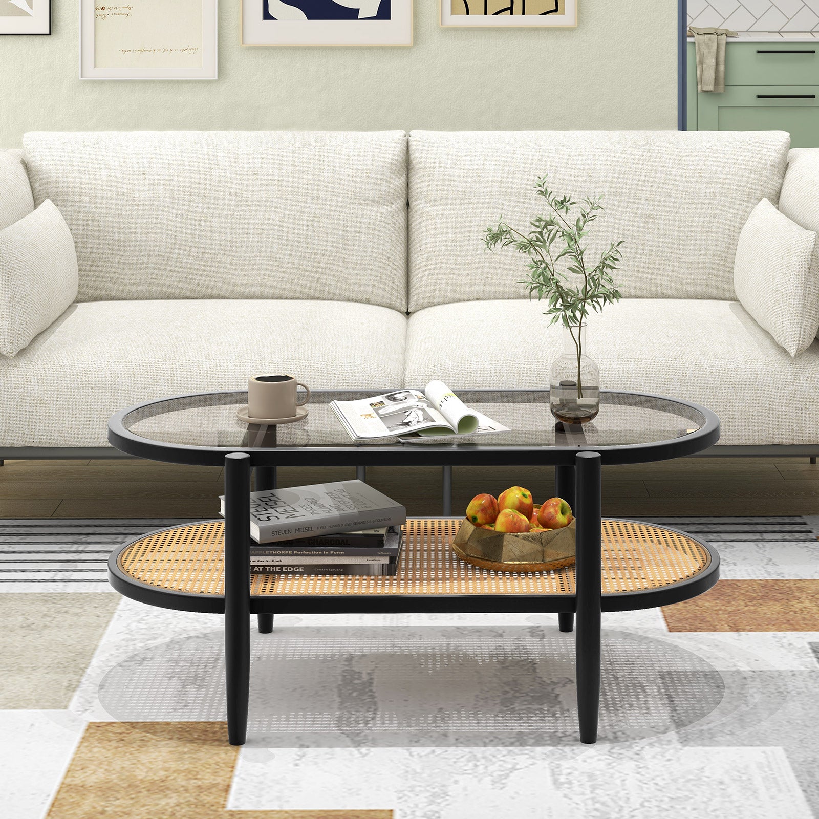 2-Tier Coffee Table with Tempered Glass Tabletop and Acacia Wood Frame, Black Coffee Tables at Gallery Canada